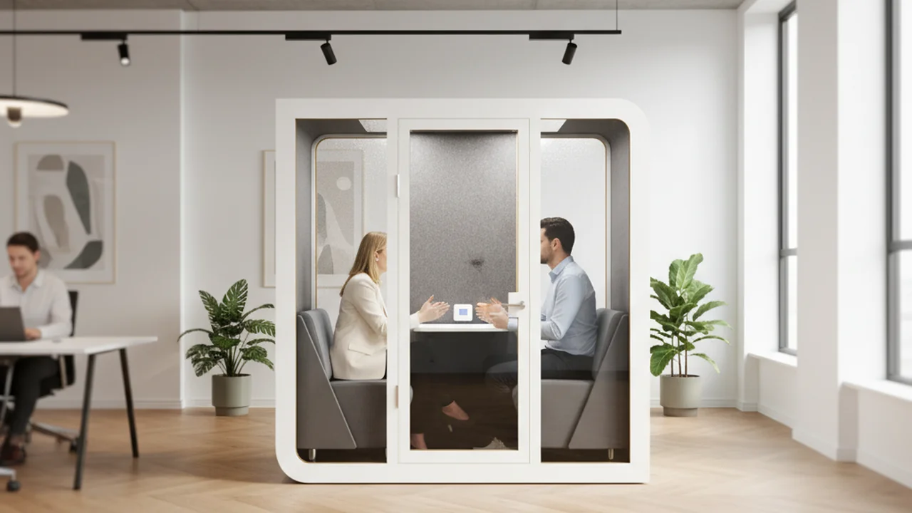 2-persoons vergadercabine in een Nederlands open-plan kantoor met twee professionals in 1-op-1 gesprek