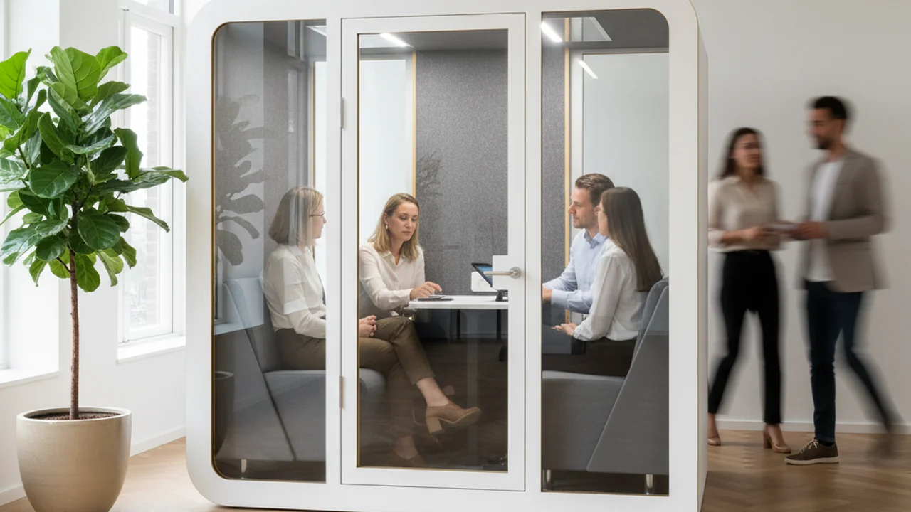 4-persoons vergadercabine in een modern Nederlands kantoor met team-stand-up rond een interne tafel