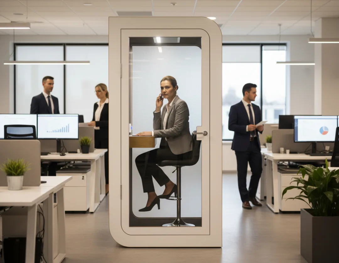 1-persoons cabine in druk open-plan kantoor